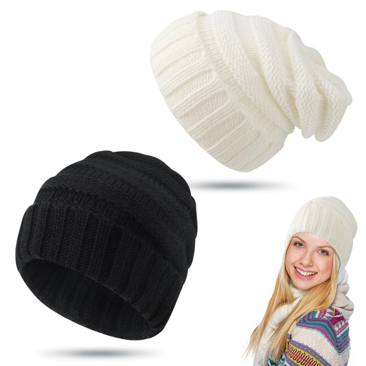 Stay warm and stylish with this 2-pack of slouch knit beanie hats for men and women. Made from soft, breathable acrylic, these chunky winter hats provide comfort and warmth in cold weather. Perfect for outdoor activities and casual wear, they come in black and white, offering a versatile, fashionable look.