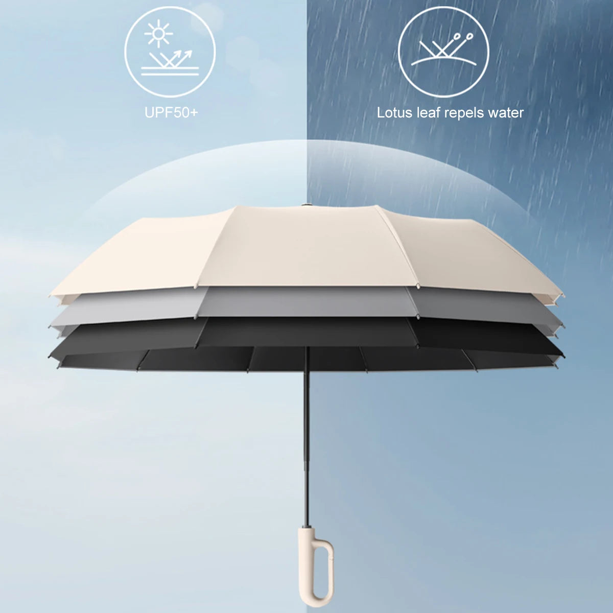 Stay prepared for both sun and rain with the Full-Automatic Ring Buckle Umbrella! This convenient folding umbrella features one-handed operation, automatic opening and closing, and a durable design for both sunny and rainy days. Perfect for travel, hiking, and daily use, it offers UV protection, strong wind resistance, and easy portability. Available in beige, gray, and black. Ideal for both men and women.