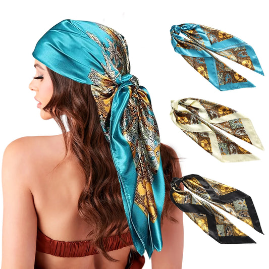 Enhance your style with this 3-piece set of large satin square head scarves for women. Each 35" x 35" scarf is made from soft, silky-feeling polyester satin and features vibrant, colorful prints. Perfect for wrapping your hair, wearing as a neck scarf, or accessorizing your outfits, these versatile scarves are suitable for any occasion. Ideal for daily wear, travel, or special events, these scarves make a thoughtful gift for friends and family.