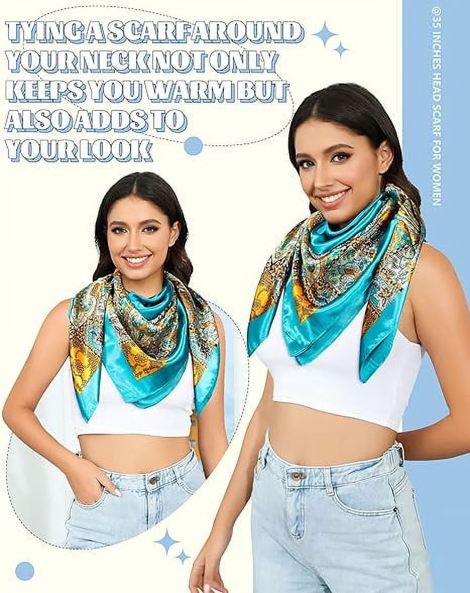 Enhance your style with this 3-piece set of large satin square head scarves for women. Each 35" x 35" scarf is made from soft, silky-feeling polyester satin and features vibrant, colorful prints. Perfect for wrapping your hair, wearing as a neck scarf, or accessorizing your outfits, these versatile scarves are suitable for any occasion. Ideal for daily wear, travel, or special events, these scarves make a thoughtful gift for friends and family.