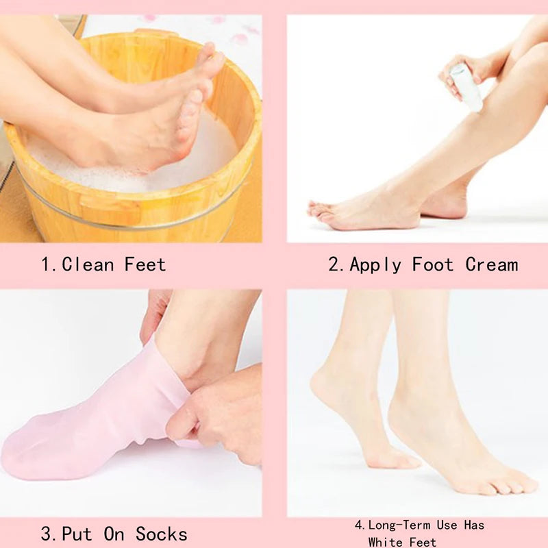 Say goodbye to cracked heels and dry foot skin with our Moisturizing Gel Heel Socks. Made from soft, breathable silicone, these anti-slip socks help repair heel cracks, soften dead skin, and protect your feet. Perfect for pampering and soothing your feet at home.