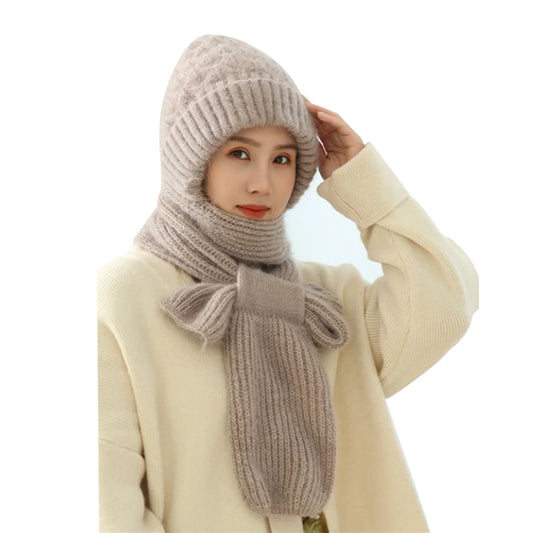 Women'S Plush-Lined Acrylic Balaclavas Hood Scarf Hat Windproof Integrated Ear Protector Fashionable Winter