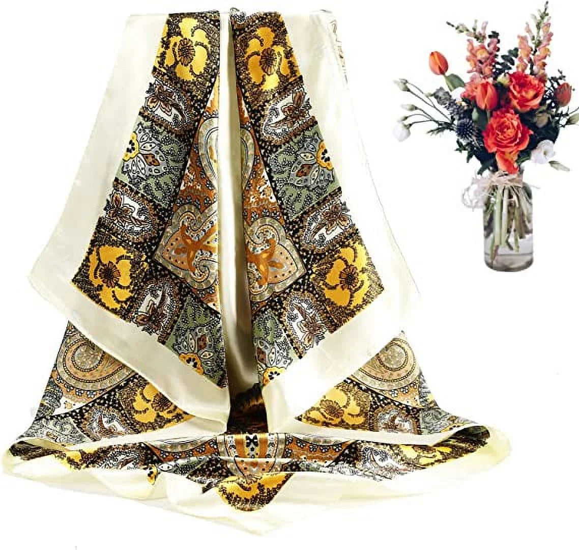 Enhance your style with this 3-piece set of large satin square head scarves for women. Each 35" x 35" scarf is made from soft, silky-feeling polyester satin and features vibrant, colorful prints. Perfect for wrapping your hair, wearing as a neck scarf, or accessorizing your outfits, these versatile scarves are suitable for any occasion. Ideal for daily wear, travel, or special events, these scarves make a thoughtful gift for friends and family.