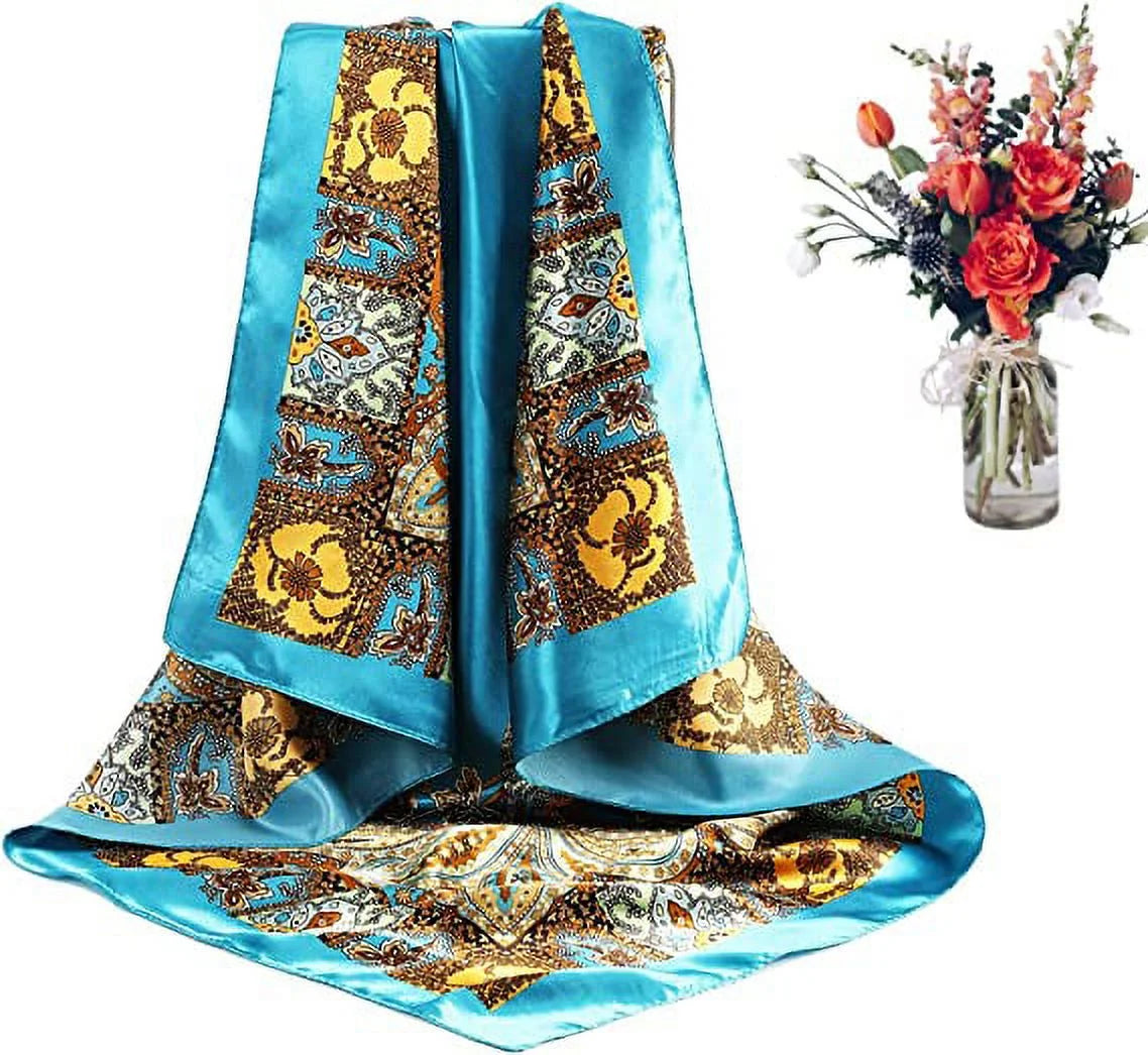 Enhance your style with this 3-piece set of large satin square head scarves for women. Each 35" x 35" scarf is made from soft, silky-feeling polyester satin and features vibrant, colorful prints. Perfect for wrapping your hair, wearing as a neck scarf, or accessorizing your outfits, these versatile scarves are suitable for any occasion. Ideal for daily wear, travel, or special events, these scarves make a thoughtful gift for friends and family.