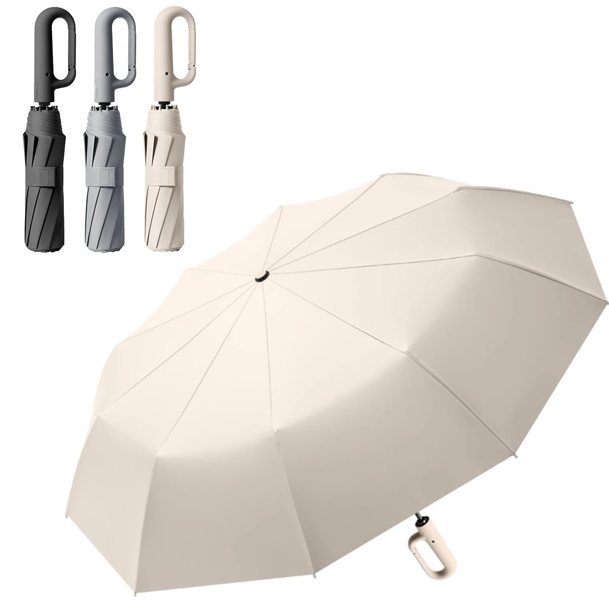 Stay prepared for both sun and rain with the Full-Automatic Ring Buckle Umbrella! This convenient folding umbrella features one-handed operation, automatic opening and closing, and a durable design for both sunny and rainy days. Perfect for travel, hiking, and daily use, it offers UV protection, strong wind resistance, and easy portability. Available in beige, gray, and black. Ideal for both men and women.