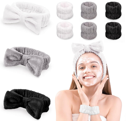 Stay stylish and comfortable with this 9 Pack Spa Headband Wristband Set. Featuring soft coral fleece and cute bow designs, these headbands are perfect for washing your face, doing makeup, or yoga. The high-stretch bands fit all head sizes and are reusable for daily use. Available in black, grey, and white, this set is ideal for women and girls looking for a functional yet fashionable accessory.