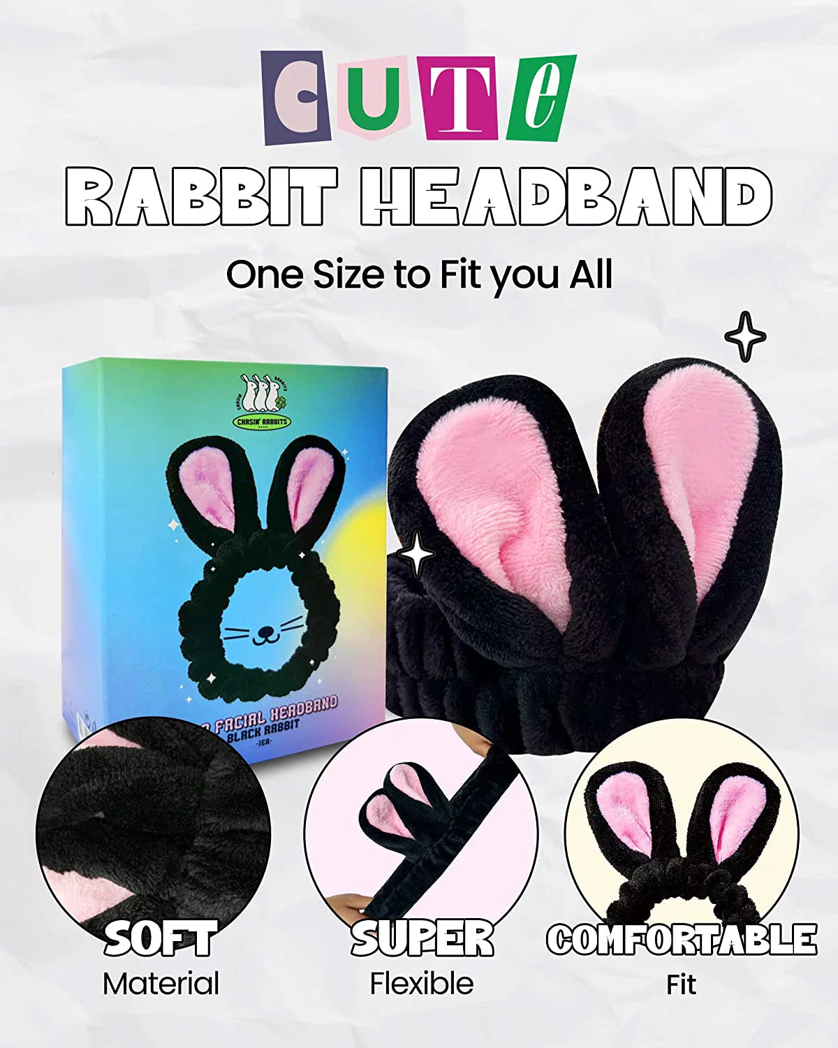 Keep your hair in place with style using the CHASIN' RABBITS Black Rabbit Spa Headband for washing your face. Perfect for skincare, makeup, and face wash routines, this soft, elastic headband (8.26" x 5.5") offers comfort and cute bunny design. Reusable and durable, it adds fun and function to your beauty routine.