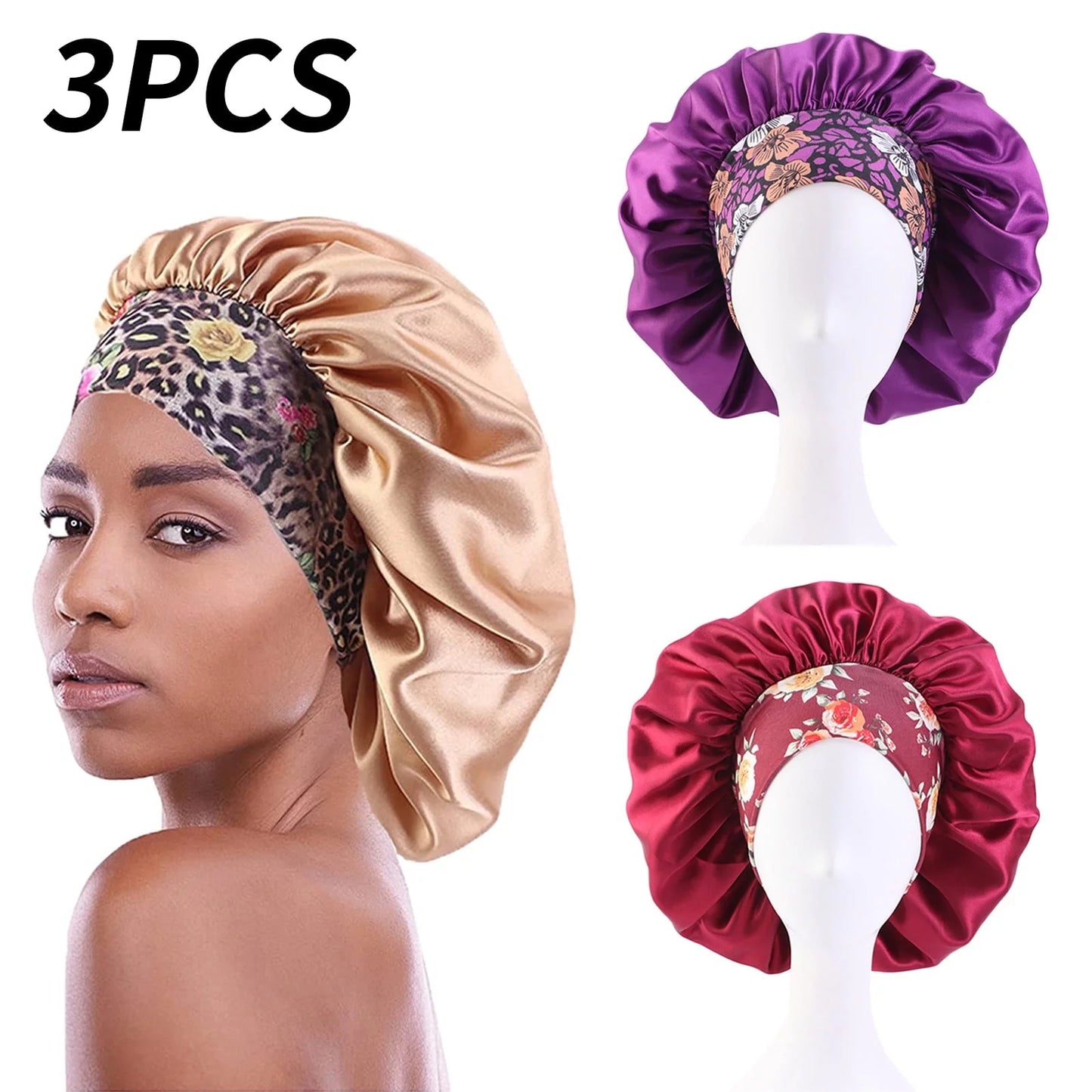 Protect your hair overnight with this 3-piece set of satin hair bonnets for women. Perfect for curly hair, these silk bonnets are gentle on your locks and designed to prevent frizz and breakage. Featuring a big capacity and a gold color design, they ensure a comfortable fit while keeping your hair smooth and healthy. Ideal for black women and anyone looking to preserve their hair while sleeping.