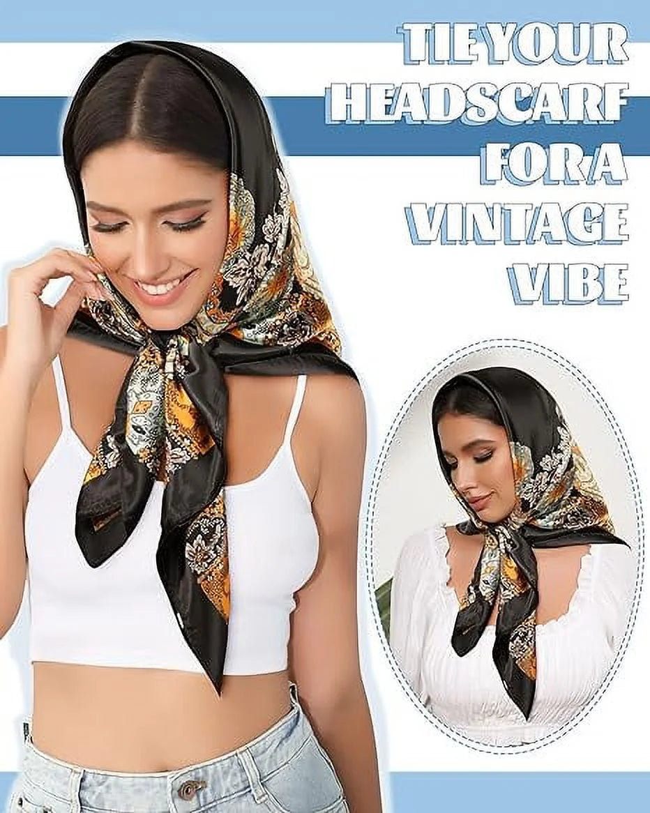 Enhance your style with this 3-piece set of large satin square head scarves for women. Each 35" x 35" scarf is made from soft, silky-feeling polyester satin and features vibrant, colorful prints. Perfect for wrapping your hair, wearing as a neck scarf, or accessorizing your outfits, these versatile scarves are suitable for any occasion. Ideal for daily wear, travel, or special events, these scarves make a thoughtful gift for friends and family.